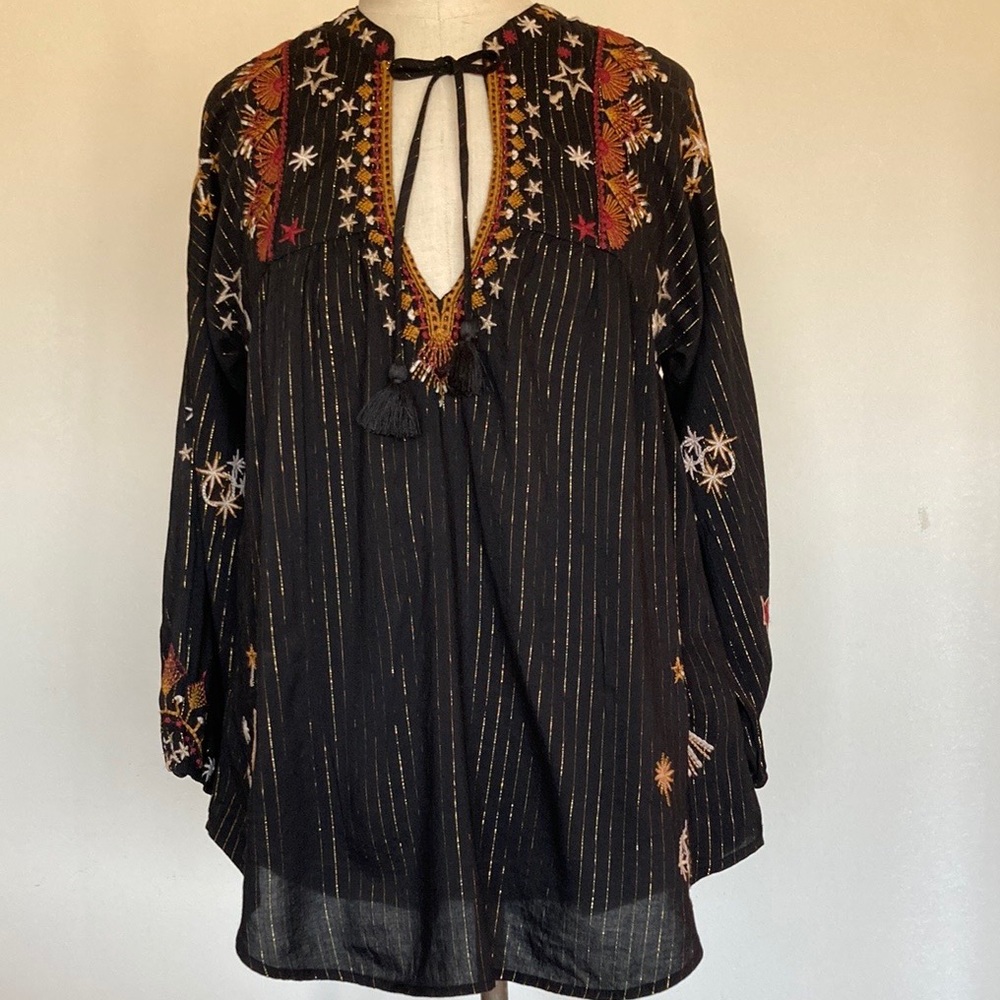 Johnny Was Astraea embroidered v-neck  blouse, long sleeves, striped, boho, XS